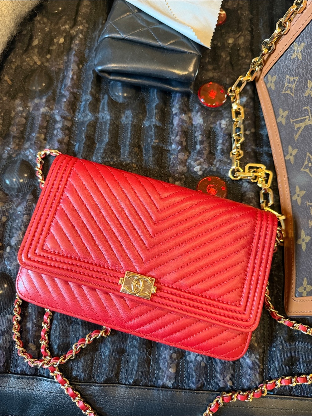 CHANEL Red Chevron Quilted Leather Crossbody with Gold Chain